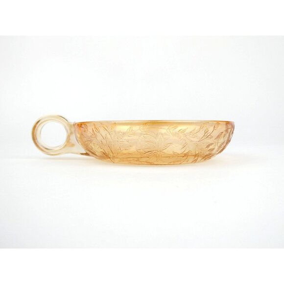 Jeanette Floragold Vintage Iridescent Amber Leaf Pattern Glass Bowl With Handle - Picture 3 of 15
